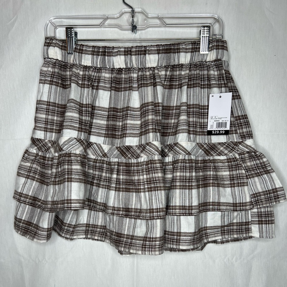 SO Kohls Brown Cream Plaid Mini Ruffle Skirt JG5FY003RR‎ NWT Womens Size Medium